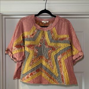 Boho Star Patchwork Crop Top in Pink and Yellow, size S